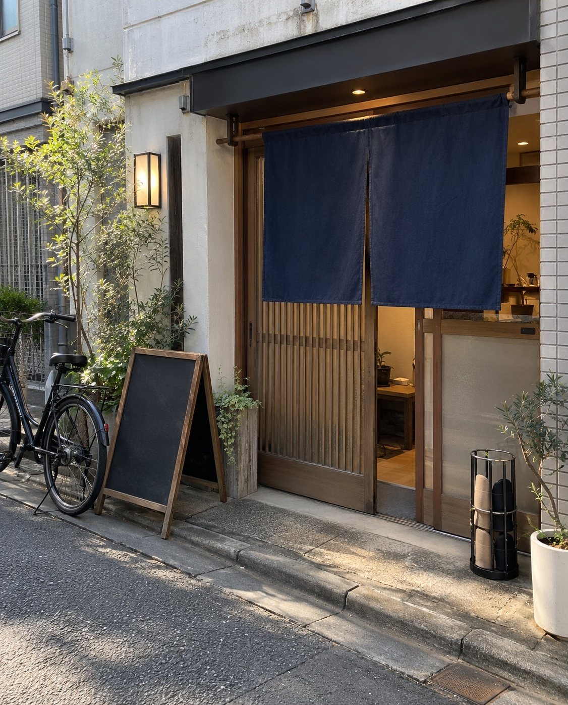紺ののれんがかかった、小さなお店の入口